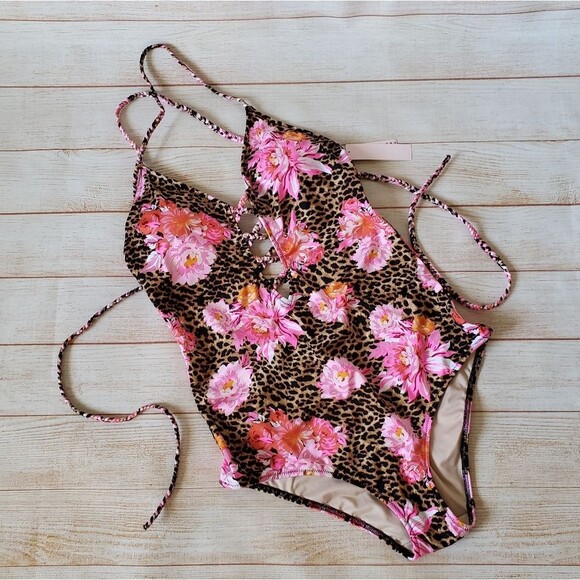 Victoria's Secret Negril Floral/Cheetah Print Plunge Halter One-Piece Swimsuit - Picture 4 of 11